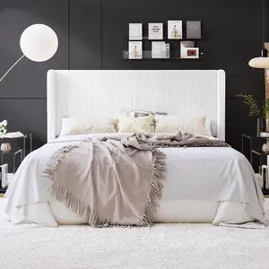 King Size Corduroy Upholstered Platform Bed Frame with Vertical Channel Tufted Wingback Headboard, 8" Under Bed Storage, Wooden Slats & Metal Frame Support, Easy Assembly, White King Size Corduroy Upholstered Platform Bed Frame with Vertical Channel Tufted Wingback Headboard, 8" Under Bed Storage, Wooden Slats & Metal Frame Support, Easy Assembly, White