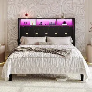 Queen Bed Frame with LED Lights & 2-Tier Storage Headboard, Velvet Upholstered Platform Bed with Charging Station, Modern Wingback Design, Noise-Free, No Box Spring Needed, Black Queen Bed Frame with LED Lights & 2-Tier Storage Headboard, Velvet Upholstered Platform Bed with Charging Station, Modern Wingback Design, Noise-Free, No Box Spring Needed, Black