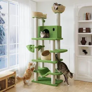 82" Handmade Rattan Cat Tree Tower, Multi-Level Activity Center with Sisal Scratching Posts, Plush Condo, Wicker Perches & Hammock, Large Indoor Cat Playground, Green 82" Handmade Rattan Cat Tree Tower, Multi-Level Activity Center with Sisal Scratching Posts, Plush Condo, Wicker Perches & Hammock, Large Indoor Cat Playground, Green