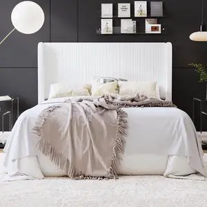 Queen Size Corduroy Upholstered Platform Bed Frame with Vertical Channel Tufted Wingback Headboard, 8" Under Bed Storage, Wooden Slats & Metal Frame Support, Easy Assembly, White Queen Size Corduroy Upholstered Platform Bed Frame with Vertical Channel Tufted Wingback Headboard, 8" Under Bed Storage, Wooden Slats & Metal Frame Support, Easy Assembly, White