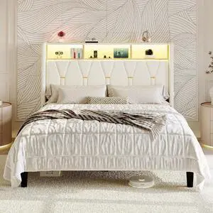 Queen Bed Frame with LED Lights & 2-Tier Storage Headboard, Velvet Upholstered Platform Bed with Charging Station, Modern Wingback Design, Noise-Free, No Box Spring Needed, White Queen Bed Frame with LED Lights & 2-Tier Storage Headboard, Velvet Upholstered Platform Bed with Charging Station, Modern Wingback Design, Noise-Free, No Box Spring Needed, White