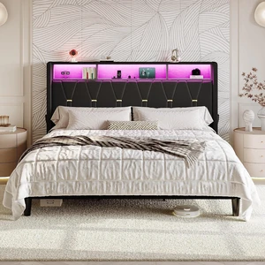 King Size Bed Frame with LED Lights & 2-Tier Storage Headboard, Velvet Upholstered Platform Bed with Charging Station, Modern Wingback Design, Noise-Free, No Box Spring Needed, Black King Size Bed Frame with LED Lights & 2-Tier Storage Headboard, Velvet Upholstered Platform Bed with Charging Station, Modern Wingback Design, Noise-Free, No Box Spring Needed, Black