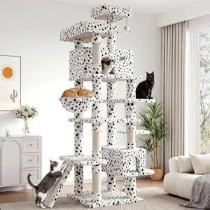 82 inch, Multi-Level Cat Tree Tower for Indoor Cats, Cat Condo with Sisal Scratching Posts, Plush Perches, Hammocks, Toy Balls, White & Black Spot 82 inch, Multi-Level Cat Tree Tower for Indoor Cats, Cat Condo with Sisal Scratching Posts, Plush Perches, Hammocks, Toy Balls, White & Black Spot