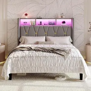 Queen Bed Frame with LED Lights & 2-Tier Storage Headboard, Velvet Upholstered Platform Bed with Charging Station, Modern Wingback Design, Noise-Free, No Box Spring Needed, Grey Queen Bed Frame with LED Lights & 2-Tier Storage Headboard, Velvet Upholstered Platform Bed with Charging Station, Modern Wingback Design, Noise-Free, No Box Spring Needed, Grey