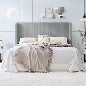 King Size Corduroy Upholstered Platform Bed Frame with Vertical Channel Tufted Wingback Headboard, 8" Under Bed Storage, Wooden Slats & Metal Frame Support, Easy Assembly, Light Grey King Size Corduroy Upholstered Platform Bed Frame with Vertical Channel Tufted Wingback Headboard, 8" Under Bed Storage, Wooden Slats & Metal Frame Support, Easy Assembly, Light Grey