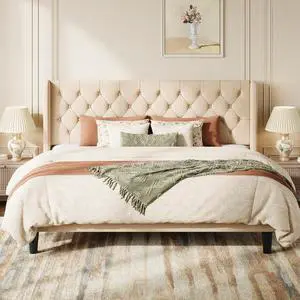 King Size Platform Bed Frame with Upholstered Headboard and Wingback, Button Tufted Design, Easy Assembly, No Box Spring Needed, Beige King Size Platform Bed Frame with Upholstered Headboard and Wingback, Button Tufted Design, Easy Assembly, No Box Spring Needed, Beige