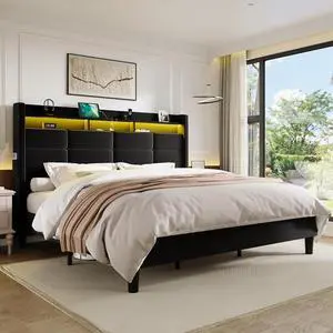King Size Upholstered Platform Bed Frame with LED Lights and Charging Station, 51.2" Tall Headboard with 2-Tier Storage, Modern Wingback Design, Noise-Free, No Box Spring Needed, Black King Size Upholstered Platform Bed Frame with LED Lights and Charging Station, 51.2" Tall Headboard with 2-Tier Storage, Modern Wingback Design, Noise-Free, No Box Spring Needed, Black