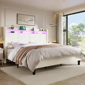 King Size Upholstered Platform Bed Frame with LED Lights and Charging Station, 51.2" Tall Headboard with 2-Tier Storage, Modern Wingback Design, Noise-Free, No Box Spring Needed, White King Size Upholstered Platform Bed Frame with LED Lights and Charging Station, 51.2" Tall Headboard with 2-Tier Storage, Modern Wingback Design, Noise-Free, No Box Spring Needed, White