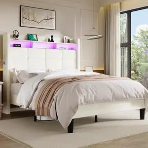 Queen Size Upholstered Platform Bed Frame with LED Lights and Charging Station, 51.2" Tall Headboard with 2-Tier Storage, Modern Wingback Design, Noise-Free, No Box Spring Needed, White Queen Size Upholstered Platform Bed Frame with LED Lights and Charging Station, 51.2" Tall Headboard with 2-Tier Storage, Modern Wingback Design, Noise-Free, No Box Spring Needed, White