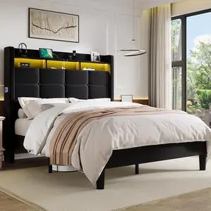 Full Size Upholstered Platform Bed Frame with LED Lights and Charging Station, 51.2" Tall Headboard with 2-Tier Storage, Modern Wingback Design, Noise-Free, No Box Spring Needed, Black Full Size Upholstered Platform Bed Frame with LED Lights and Charging Station, 51.2" Tall Headboard with 2-Tier Storage, Modern Wingback Design, Noise-Free, No Box Spring Needed, Black
