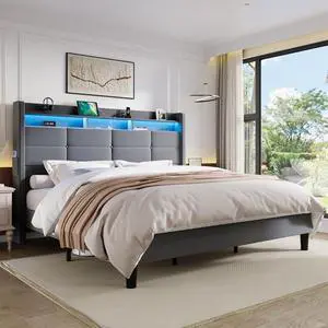 King Size Upholstered Platform Bed Frame with LED Lights and Charging Station, 51.2" Tall Headboard with 2-Tier Storage, Modern Wingback Design, Noise-Free, No Box Spring Needed, Grey King Size Upholstered Platform Bed Frame with LED Lights and Charging Station, 51.2" Tall Headboard with 2-Tier Storage, Modern Wingback Design, Noise-Free, No Box Spring Needed, Grey