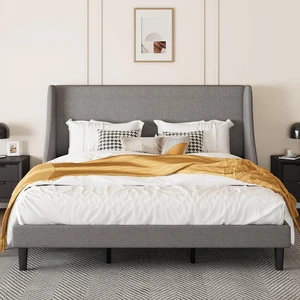 Upholstered Bed Frame King Size with Streamlined Wingback Headboard, Breathable Linen Fabric, Solid Wooden Slats, Easy Assembly, Light Grey Upholstered Bed Frame King Size with Streamlined Wingback Headboard, Breathable Linen Fabric, Solid Wooden Slats, Easy Assembly, Light Grey