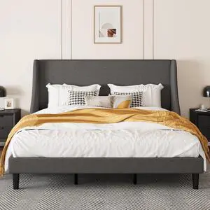 Upholstered Bed Frame King Size with Streamlined Wingback Headboard, Breathable Linen Fabric, Solid Wooden Slats, Easy Assembly, Dark Grey Upholstered Bed Frame King Size with Streamlined Wingback Headboard, Breathable Linen Fabric, Solid Wooden Slats, Easy Assembly, Dark Grey