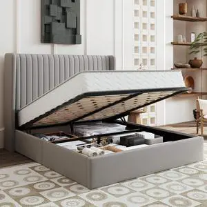Queen Size Lift Up Storage Bed Frame, Vertical Channel Tufted Headboard with Wingback, Hydraulic Underneath Storage Space, Soft Velvet Upholstered Platform Bed, No Box Spring Needed, Grey Queen Size Lift Up Storage Bed Frame, Vertical Channel Tufted Headboard with Wingback, Hydraulic Underneath Storage Space, Soft Velvet Upholstered Platform Bed, No Box Spring Needed, Grey