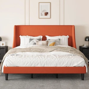 Upholstered Bed Frame King Size with Streamlined Wingback Headboard, Breathable Linen Fabric, Solid Wooden Slats, Easy Assembly, Orange Upholstered Bed Frame King Size with Streamlined Wingback Headboard, Breathable Linen Fabric, Solid Wooden Slats, Easy Assembly, Orange