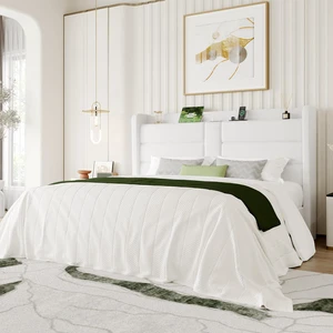 King Size Upholstered Bed Frame with Storage Shelf & Charging Station, Modern Velvet Platform Bed with Wingback Headboard, Wooden Slats Support, No Box Spring Needed, Easy Assembly, White King Size Upholstered Bed Frame with Storage Shelf & Charging Station, Modern Velvet Platform Bed with Wingback Headboard, Wooden Slats Support, No Box Spring Needed, Easy Assembly, White