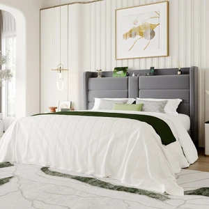 King Size Upholstered Bed Frame with Storage Shelf & Charging Station, Modern Velvet Platform Bed with Wingback Headboard, Wooden Slats Support, No Box Spring Needed, Easy Assembly, Grey King Size Upholstered Bed Frame with Storage Shelf & Charging Station, Modern Velvet Platform Bed with Wingback Headboard, Wooden Slats Support, No Box Spring Needed, Easy Assembly, Grey