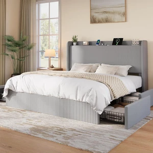 King Size Corduroy Upholstered Bed Frame with 4 Oversized Drawers, Built-in Charging Station, Modern Wingback Headboard with Storage Shelf, No Box Spring Needed, Easy Assembly, Grey King Size Corduroy Upholstered Bed Frame with 4 Oversized Drawers, Built-in Charging Station, Modern Wingback Headboard with Storage Shelf, No Box Spring Needed, Easy Assembly, Grey