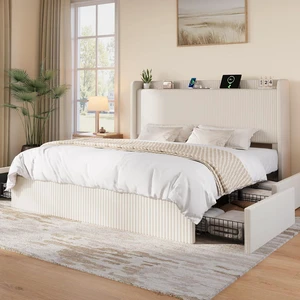 King Size Corduroy Upholstered Bed Frame with 4 Oversized Drawers, Built-in Charging Station, Modern Wingback Headboard with Storage Shelf, No Box Spring Needed, Easy Assembly, White King Size Corduroy Upholstered Bed Frame with 4 Oversized Drawers, Built-in Charging Station, Modern Wingback Headboard with Storage Shelf, No Box Spring Needed, Easy Assembly, White