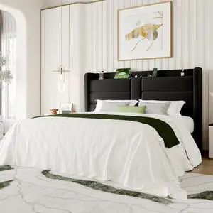 King Size Upholstered Bed Frame with Storage Shelf & Charging Station, Modern Velvet Platform Bed with Wingback Headboard, Wooden Slats Support, No Box Spring Needed, Easy Assembly, Black King Size Upholstered Bed Frame with Storage Shelf & Charging Station, Modern Velvet Platform Bed with Wingback Headboard, Wooden Slats Support, No Box Spring Needed, Easy Assembly, Black