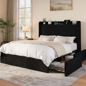 Queen Corduroy Upholstered Bed Frame with 4 Oversized Drawers, Built-in Charging Station, Modern Wingback Headboard with Storage Shelf, No Box Spring Needed, Easy Assembly, Black Queen Corduroy Upholstered Bed Frame with 4 Oversized Drawers, Built-in Charging Station, Modern Wingback Headboard with Storage Shelf, No Box Spring Needed, Easy Assembly, Black