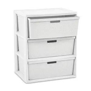 3 Drawer Wide Weave Storage Tower, White Plastic Organizer Chest with Easy-Pull Handles and Integrated Drawer Stops, Modern Style Decorative Freestanding Storage 3 Drawer Wide Weave Storage Tower, White Plastic Organizer Chest with Easy-Pull Handles and Integrated Drawer Stops, Modern Style Decorative Freestanding Storage