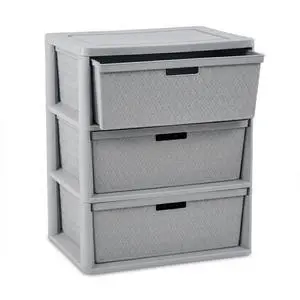 3 Drawer Wide Weave Storage Tower, Gray Plastic Organizer Chest with Easy-Pull Handles and Integrated Drawer Stops, Modern Style Decorative Freestanding Storage 3 Drawer Wide Weave Storage Tower, Gray Plastic Organizer Chest with Easy-Pull Handles and Integrated Drawer Stops, Modern Style Decorative Freestanding Storage