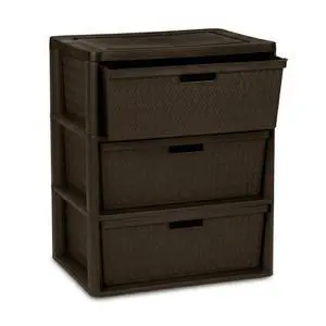 3 Drawer Wide Weave Storage Tower, Brown Plastic Organizer Chest with Easy-Pull Handles and Integrated Drawer Stops, Modern Style Decorative Freestanding Storage 3 Drawer Wide Weave Storage Tower, Brown Plastic Organizer Chest with Easy-Pull Handles and Integrated Drawer Stops, Modern Style Decorative Freestanding Storage