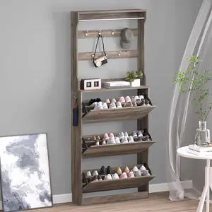 Shoe Cabinet with 3 Flip Drawers & Coat Rack, Narrow Hidden Shoe Storage Cabinet, 2-in-1 Hall Tree Slim Freestanding Shoe Rack Organizer for Entryway, Hallway, and Living Room Shoe Cabinet with 3 Flip Drawers & Coat Rack, Narrow Hidden Shoe Storage Cabinet, 2-in-1 Hall Tree Slim Freestanding Shoe Rack Organizer for Entryway, Hallway, and Living Room