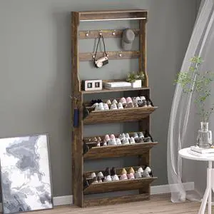 Shoe Cabinet with 3 Flip Drawers & Coat Rack, Narrow Hidden Shoe Storage Cabinet, 2-in-1 Hall Tree Slim Freestanding Shoe Rack Organizer for Entryway, Hallway, and Living Room Shoe Cabinet with 3 Flip Drawers & Coat Rack, Narrow Hidden Shoe Storage Cabinet, 2-in-1 Hall Tree Slim Freestanding Shoe Rack Organizer for Entryway, Hallway, and Living Room