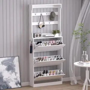 Shoe Cabinet with 3 Flip Drawers & Coat Rack, Narrow Hidden Shoe Storage Cabinet, 2-in-1 Hall Tree Slim Freestanding Shoe Rack Organizer for Entryway, Hallway, and Living Room Shoe Cabinet with 3 Flip Drawers & Coat Rack, Narrow Hidden Shoe Storage Cabinet, 2-in-1 Hall Tree Slim Freestanding Shoe Rack Organizer for Entryway, Hallway, and Living Room