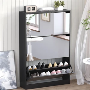 Shoe Cabinet with 3-Flip Mirror Drawers, Freestanding Shoe Rack Organizer with Hidden Handle, Slim Narrow Shoe Storage Cabinet for Entryway, Entrance, Hallway, Bedroom Shoe Cabinet with 3-Flip Mirror Drawers, Freestanding Shoe Rack Organizer with Hidden Handle, Slim Narrow Shoe Storage Cabinet for Entryway, Entrance, Hallway, Bedroom