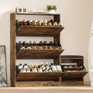 Shoe Cabinet with Bench and 3 Flip Drawers, Slim Narrow Shoe Storage Cabinet, Freestanding Shoe Rack Organizer with Adjustable & Removable Shelves, Anti-Tip for Entryway, Hallway, Foyer Shoe Cabinet with Bench and 3 Flip Drawers, Slim Narrow Shoe Storage Cabinet, Freestanding Shoe Rack Organizer with Adjustable & Removable Shelves, Anti-Tip for Entryway, Hallway, Foyer