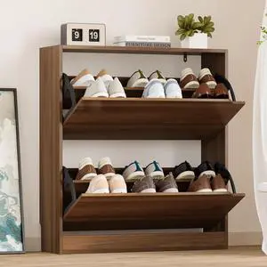Shoe Cabinet with 2 Flip Drawers, Slim Narrow Shoe Storage Cabinet, Freestanding Shoe Organizer with Adjustable & Removable Shelves, Top Display Shelf for Entryway, Hallway, Foyer, Closet Shoe Cabinet with 2 Flip Drawers, Slim Narrow Shoe Storage Cabinet, Freestanding Shoe Organizer with Adjustable & Removable Shelves, Top Display Shelf for Entryway, Hallway, Foyer, Closet