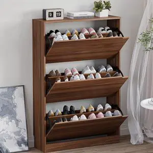 Shoe Cabinet with 3 Flip Drawers, Slim Narrow Shoe Storage Cabinet, Freestanding Shoe Organizer with Adjustable & Removable Shelves, Top Display Shelf for Entryway, Hallway, Foyer, Closet Shoe Cabinet with 3 Flip Drawers, Slim Narrow Shoe Storage Cabinet, Freestanding Shoe Organizer with Adjustable & Removable Shelves, Top Display Shelf for Entryway, Hallway, Foyer, Closet