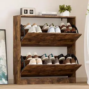 Shoe Cabinet with 2 Flip Drawers, Slim Narrow Shoe Storage Cabinet, Freestanding Shoe Organizer with Adjustable & Removable Shelves, Top Display Shelf for Entryway, Hallway, Foyer, Closet Shoe Cabinet with 2 Flip Drawers, Slim Narrow Shoe Storage Cabinet, Freestanding Shoe Organizer with Adjustable & Removable Shelves, Top Display Shelf for Entryway, Hallway, Foyer, Closet