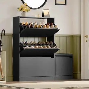 Shoe Cabinet with Bench and 3 Flip Drawers, Slim Narrow Shoe Storage Cabinet, Freestanding Shoe Rack Organizer with Adjustable & Removable Shelves, Anti-Tip for Entryway, Hallway, Foyer Shoe Cabinet with Bench and 3 Flip Drawers, Slim Narrow Shoe Storage Cabinet, Freestanding Shoe Rack Organizer with Adjustable & Removable Shelves, Anti-Tip for Entryway, Hallway, Foyer