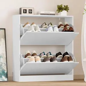 Shoe Cabinet with 2 Flip Drawers, Slim Narrow Shoe Storage Cabinet, Freestanding Shoe Organizer with Adjustable & Removable Shelves, Top Display Shelf for Entryway, Hallway, Foyer, Closet Shoe Cabinet with 2 Flip Drawers, Slim Narrow Shoe Storage Cabinet, Freestanding Shoe Organizer with Adjustable & Removable Shelves, Top Display Shelf for Entryway, Hallway, Foyer, Closet