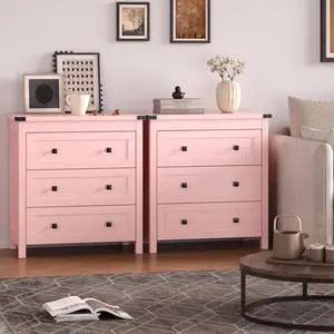 3-Drawer Night Stand Set of 2, Modern Bedside Table Dresser with Metal Handles, Sturdy Wooden End Side Table Storage Cabinet with Anti-Tipping Design for Bedroom 3-Drawer Night Stand Set of 2, Modern Bedside Table Dresser with Metal Handles, Sturdy Wooden End Side Table Storage Cabinet with Anti-Tipping Design for Bedroom