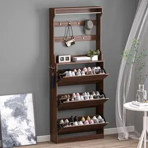 Shoe Cabinet with 3 Flip Drawers & Coat Rack, Narrow Hidden Shoe Storage Cabinet, 2-in-1 Hall Tree Slim Freestanding Shoe Rack Organizer for Entryway, Hallway, and Living Room Shoe Cabinet with 3 Flip Drawers & Coat Rack, Narrow Hidden Shoe Storage Cabinet, 2-in-1 Hall Tree Slim Freestanding Shoe Rack Organizer for Entryway, Hallway, and Living Room