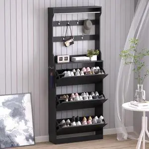 Shoe Cabinet with 3 Flip Drawers & Coat Rack, Narrow Hidden Shoe Storage Cabinet, 2-in-1 Hall Tree Slim Freestanding Shoe Rack Organizer for Entryway, Hallway, and Living Room Shoe Cabinet with 3 Flip Drawers & Coat Rack, Narrow Hidden Shoe Storage Cabinet, 2-in-1 Hall Tree Slim Freestanding Shoe Rack Organizer for Entryway, Hallway, and Living Room