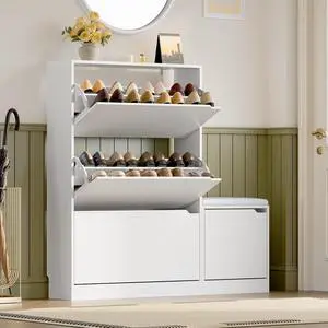 Shoe Cabinet with Bench and 3 Flip Drawers, Slim Narrow Shoe Storage Cabinet, Freestanding Shoe Rack Organizer with Adjustable & Removable Shelves, Anti-Tip for Entryway, Hallway, Foyer Shoe Cabinet with Bench and 3 Flip Drawers, Slim Narrow Shoe Storage Cabinet, Freestanding Shoe Rack Organizer with Adjustable & Removable Shelves, Anti-Tip for Entryway, Hallway, Foyer