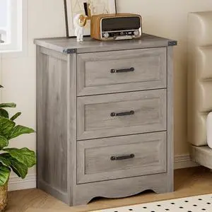 Night Stand with 3 Drawers, Wave Base Bedside Table Dresser with Metal Handles, Sturdy Wooden End Side Table Storage Cabinet with Anti-Tipping Design for Bedroom Night Stand with 3 Drawers, Wave Base Bedside Table Dresser with Metal Handles, Sturdy Wooden End Side Table Storage Cabinet with Anti-Tipping Design for Bedroom