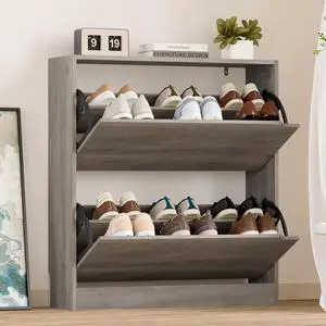 Shoe Cabinet with 2 Flip Drawers, Slim Narrow Shoe Storage Cabinet, Freestanding Shoe Organizer with Adjustable & Removable Shelves, Top Display Shelf for Entryway, Hallway, Foyer, Closet Shoe Cabinet with 2 Flip Drawers, Slim Narrow Shoe Storage Cabinet, Freestanding Shoe Organizer with Adjustable & Removable Shelves, Top Display Shelf for Entryway, Hallway, Foyer, Closet