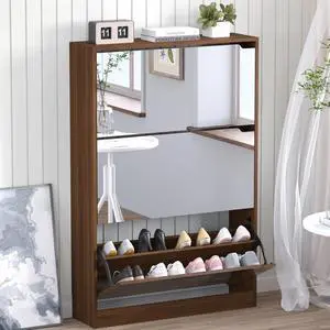 Shoe Cabinet with 3-Flip Mirror Drawers, Freestanding Shoe Rack Organizer with Hidden Handle, Slim Narrow Shoe Storage Cabinet for Entryway, Entrance, Hallway, Bedroom Shoe Cabinet with 3-Flip Mirror Drawers, Freestanding Shoe Rack Organizer with Hidden Handle, Slim Narrow Shoe Storage Cabinet for Entryway, Entrance, Hallway, Bedroom