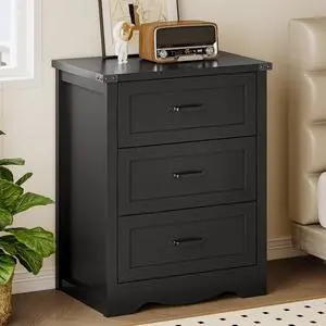 Night Stand with 3 Drawers, Wave Base Bedside Table Dresser with Metal Handles, Sturdy Wooden End Side Table Storage Cabinet with Anti-Tipping Design for Bedroom Night Stand with 3 Drawers, Wave Base Bedside Table Dresser with Metal Handles, Sturdy Wooden End Side Table Storage Cabinet with Anti-Tipping Design for Bedroom