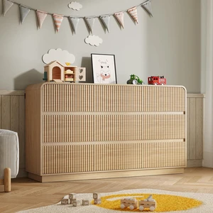 Dresser for Bedroom with 9 Drawers, Fluted Chest of Drawers with Round Curved Corner, Hidden Handles, Modern Wood Storage Organizer for Bedroom, Nursery, Living Room Dresser for Bedroom with 9 Drawers, Fluted Chest of Drawers with Round Curved Corner, Hidden Handles, Modern Wood Storage Organizer for Bedroom, Nursery, Living Room