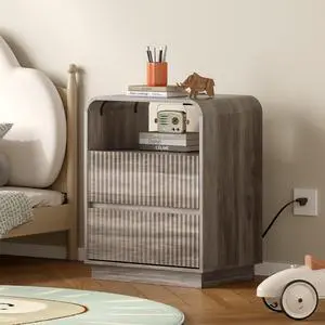 Dresser with 2 Drawers and Charging Station, Fluted Bedside Table with Round Curved Corner, Hidden Handles, 2 AC Outlets and 2 USB Ports, Modern Wood End Table with Open Shelf for Bedroom Dresser with 2 Drawers and Charging Station, Fluted Bedside Table with Round Curved Corner, Hidden Handles, 2 AC Outlets and 2 USB Ports, Modern Wood End Table with Open Shelf for Bedroom