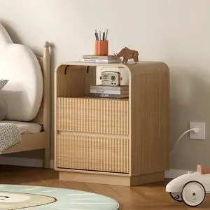 Dresser with 2 Drawers and Charging Station, Fluted Bedside Table with Round Curved Corner, Hidden Handles, 2 AC Outlets and 2 USB Ports, Modern Wood End Table with Open Shelf for Bedroom Dresser with 2 Drawers and Charging Station, Fluted Bedside Table with Round Curved Corner, Hidden Handles, 2 AC Outlets and 2 USB Ports, Modern Wood End Table with Open Shelf for Bedroom