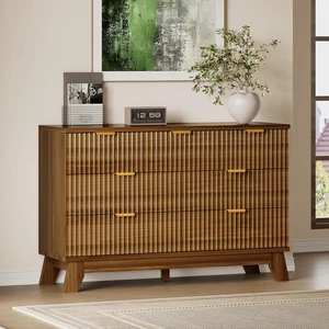 Fluted 7 Drawer Dresser, 47.2" Wide Modern Boho Chest of Drawers, Wooden Storage Dresser TV Stand for Bedroom, Living Room, Closet, Hallway, Curved Profile Design Fluted 7 Drawer Dresser, 47.2" Wide Modern Boho Chest of Drawers, Wooden Storage Dresser TV Stand for Bedroom, Living Room, Closet, Hallway, Curved Profile Design
